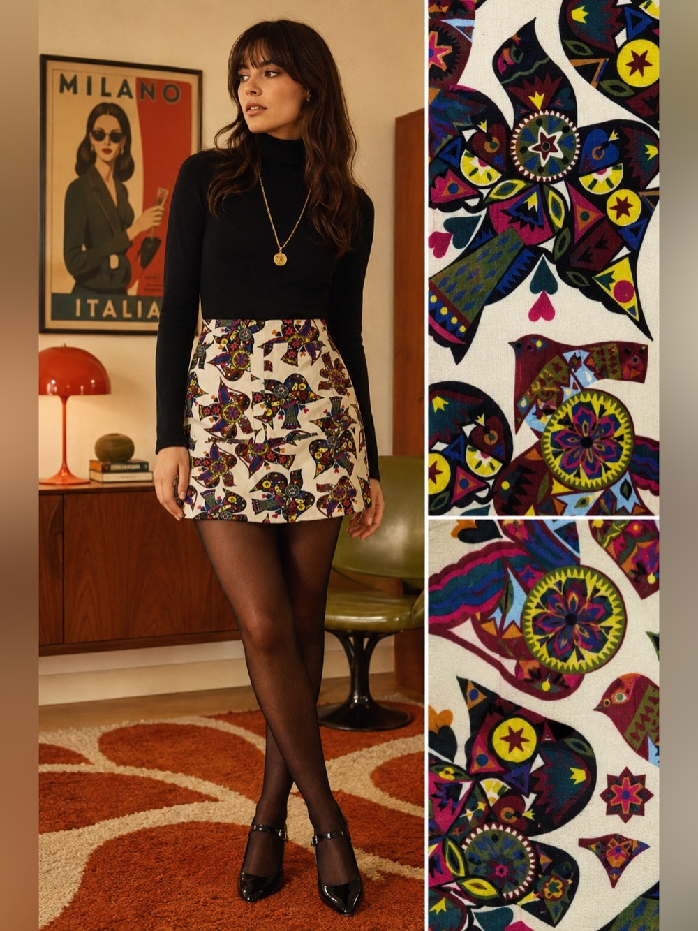 La DoubleJ Edition 22 Folk Bird A-Line Retro Mod Mini Skirt - Size M NWOT Rare